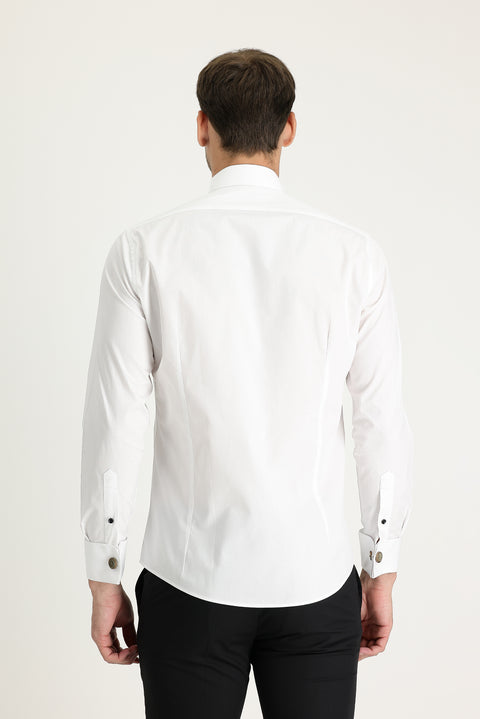 Beyaz Ata Yaka Slim Fit Dar Kesim Piliseli Pamuk Gömlek