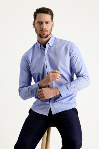  Açık Lacivert Uzun Kol Slim Fit Dar Kesim Oxford Pamuk Düğmeli Yaka Gömlek
