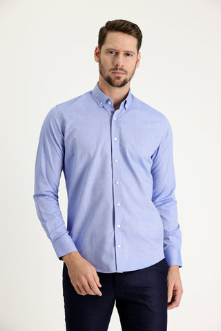  Açık Lacivert Uzun Kol Slim Fit Dar Kesim Oxford Pamuk Düğmeli Yaka Gömlek