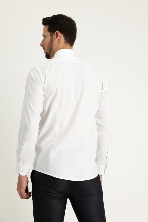 Beyaz Uzun Kol Slim Fit Dar Kesim Oxford Pamuk Düğmeli Yaka Gömlek