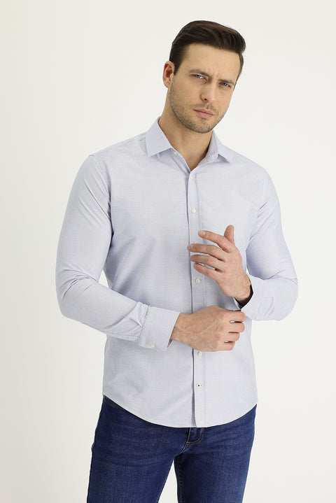 Açık Mavi Uzun Kol Slim Fit Dar Kesim Klasik Desenli Pamuklu Kolay Ütülenebilir Gömlek