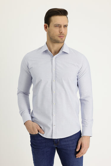 Açık Mavi Uzun Kol Slim Fit Dar Kesim Klasik Desenli Pamuklu Kolay Ütülenebilir Gömlek