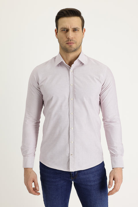 Açık Kırmızı Uzun Kol Slim Fit Dar Kesim Klasik Desenli Pamuklu Kolay Ütülenebilir Gömlek