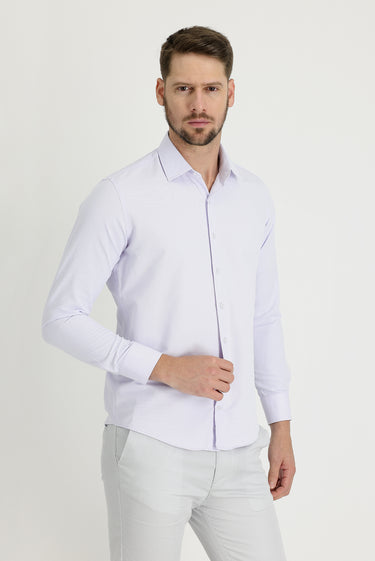 Lila Uzun Kol Slim Fit Dar Kesim Klasik Desenli Pamuklu Kolay Ütülenebilir Gömlek