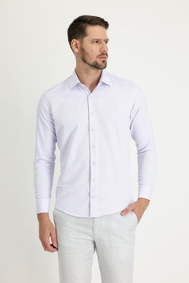 Lila Uzun Kol Slim Fit Dar Kesim Klasik Desenli Pamuklu Kolay Ütülenebilir Gömlek