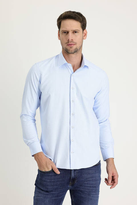 Light Blue Long Sleeve Slim Fit Narrow Cut Classic Patterned Cotton Easy-Iron Shirt