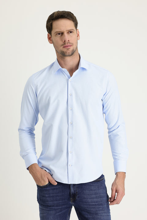 Light Blue Long Sleeve Slim Fit Narrow Cut Classic Patterned Cotton Easy-Iron Shirt