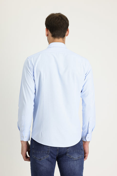 Light Blue Long Sleeve Slim Fit Narrow Cut Classic Patterned Cotton Easy-Iron Shirt
