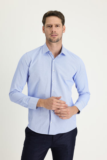 Mavi Uzun Kol Slim Fit Dar Kesim Klasik Desenli Pamuklu Kolay Ütülenebilir Gömlek