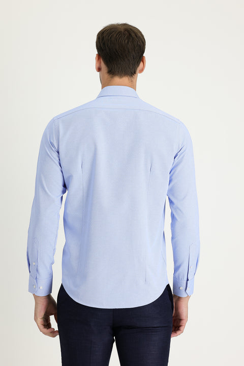 Mavi Uzun Kol Slim Fit Dar Kesim Klasik Desenli Pamuklu Kolay Ütülenebilir Gömlek
