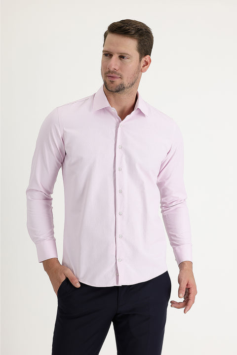 Toz Pembe Uzun Kol Slim Fit Dar Kesim Klasik Desenli Pamuklu Kolay Ütülenebilir Gömlek