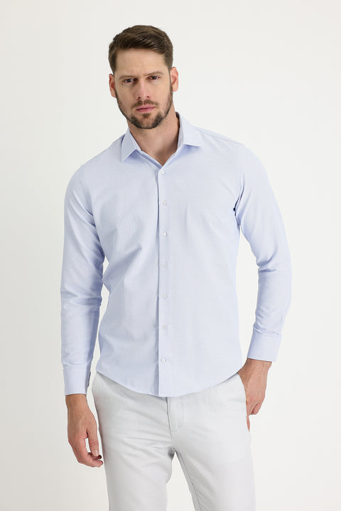 Uçuk Mavi Uzun Kol Slim Fit Dar Kesim Klasik Desenli Pamuklu Kolay Ütülenebilir Gömlek