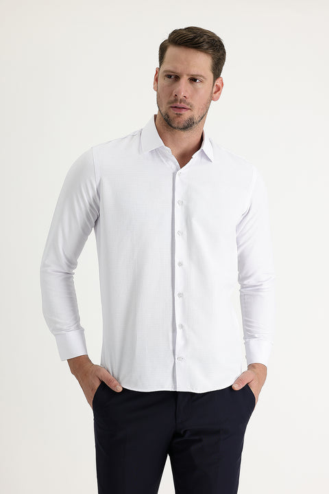 Beyaz Uzun Kol Slim Fit Dar Kesim Klasik Desenli Pamuklu Kolay Ütülenebilir Gömlek