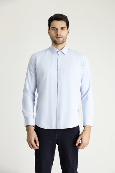  Uçuk Mavi Uzun Kol Slim Fit Dar Kesim Klasik Desenli Pamuklu Gömlek
