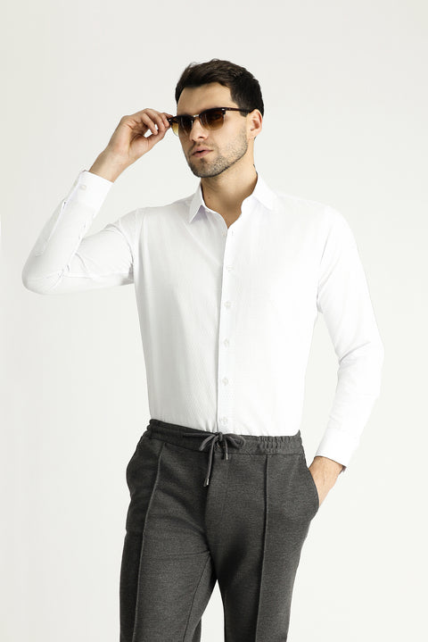 Beyaz Uzun Kol Slim Fit Dar Kesim Klasik Desenli Pamuklu Gömlek