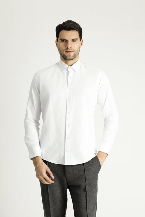 Beyaz Uzun Kol Slim Fit Dar Kesim Klasik Desenli Pamuklu Gömlek