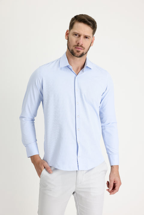 Uçuk Mavi Uzun Kol Slim Fit Dar Kesim Klasik Desenli Pamuklu Kolay Ütülenebilir Gömlek