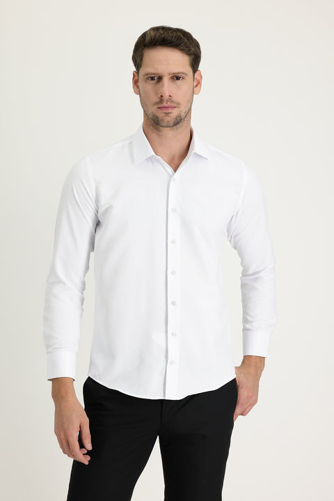 Beyaz Uzun Kol Slim Fit Dar Kesim Klasik Desenli Pamuklu Kolay Ütülenebilir Gömlek