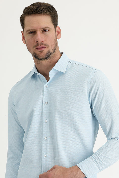 Aqua Blue Long Sleeve Slim Fit Narrow Cut Classic Patterned Cotton Easy-Iron Shirt