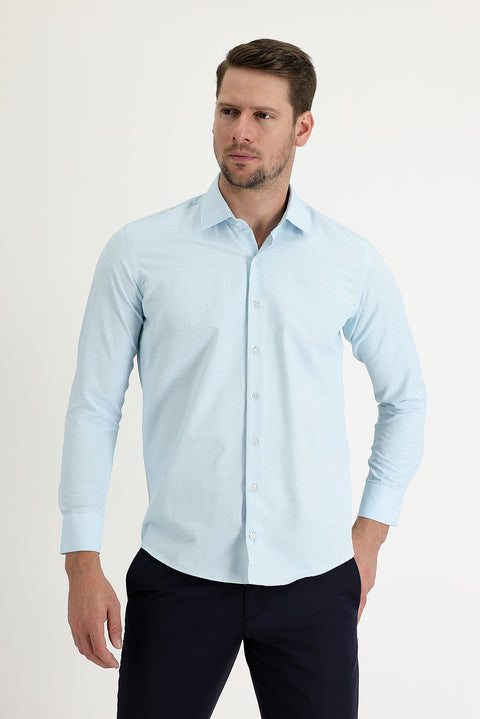Aqua Blue Long Sleeve Slim Fit Narrow Cut Classic Patterned Cotton Easy-Iron Shirt
