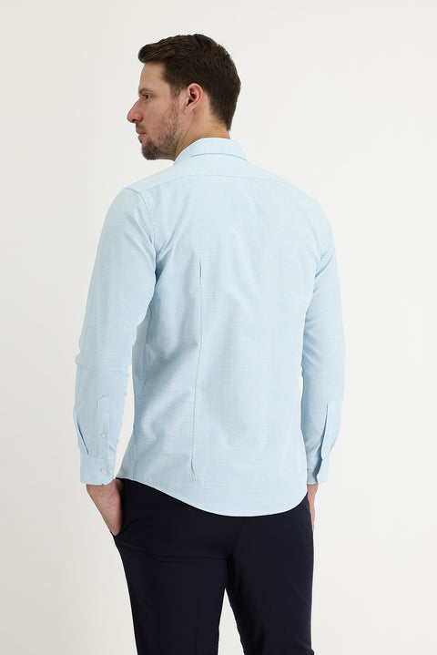 Aqua Blue Long Sleeve Slim Fit Narrow Cut Classic Patterned Cotton Easy-Iron Shirt