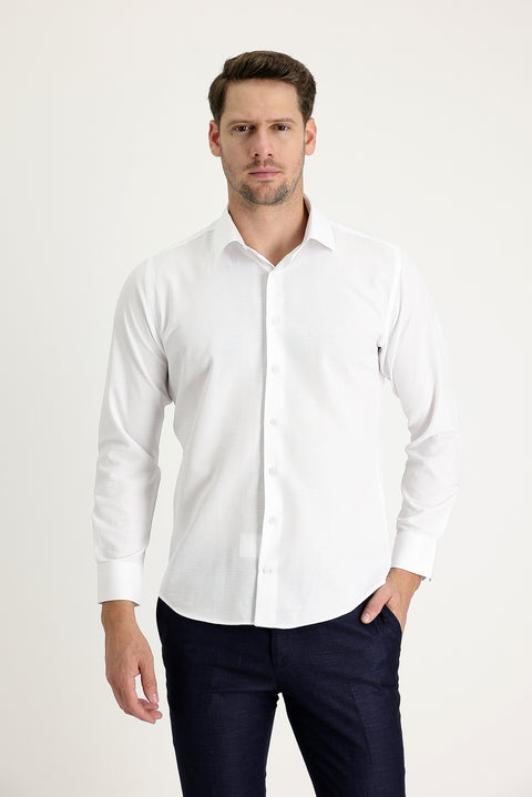 Beyaz Uzun Kol Slim Fit Dar Kesim Klasik Desenli Pamuklu Kolay Ütülenebilir Gömlek