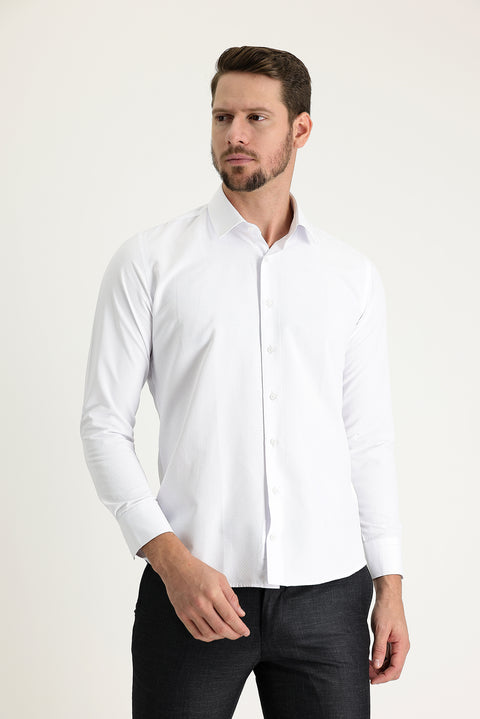 Beyaz Uzun Kol Slim Fit Dar Kesim Klasik Desenli Pamuklu Kolay Ütülenebilir Gömlek