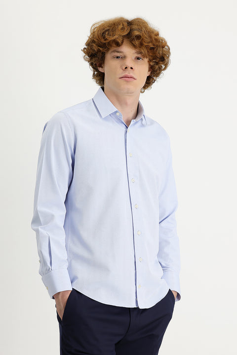 Gök Mavisi Uzun Kol Slim Fit Dar Kesim Klasik Desenli Pamuklu Kolay Ütülenebilir Gömlek