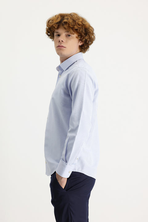 Gök Mavisi Uzun Kol Slim Fit Dar Kesim Klasik Desenli Pamuklu Kolay Ütülenebilir Gömlek