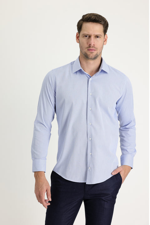 Uçuk Mavi Uzun Kol Slim Fit Dar Kesim Klasik Desenli Pamuklu Kolay Ütülenebilir Gömlek