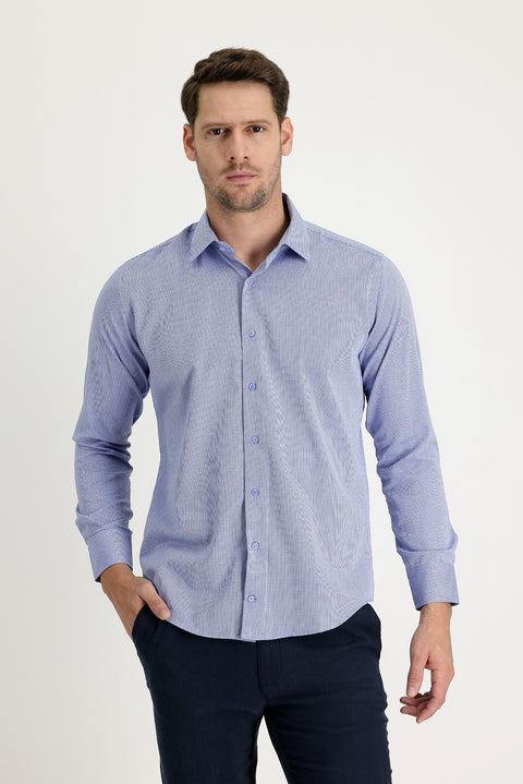 Koyu Mavi  Uzun Kol Slim Fit Dar Kesim Klasik Desenli Pamuklu Kolay Ütülenebilir Gömlek