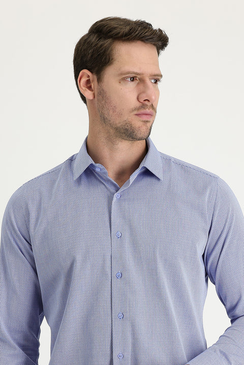 Koyu Mavi  Uzun Kol Slim Fit Dar Kesim Klasik Desenli Pamuklu Kolay Ütülenebilir Gömlek