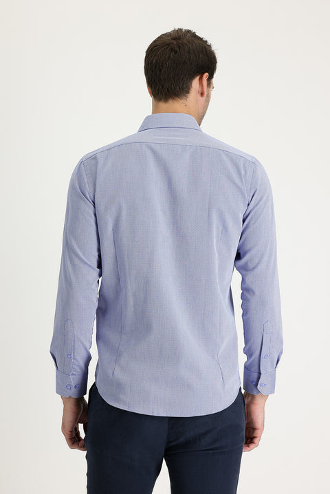 Koyu Mavi  Uzun Kol Slim Fit Dar Kesim Klasik Desenli Pamuklu Kolay Ütülenebilir Gömlek