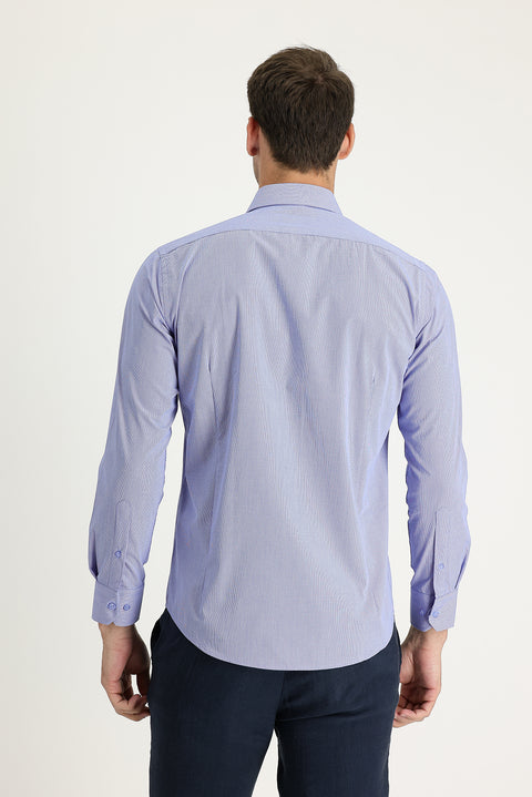 Koyu Mavi  Uzun Kol Slim Fit Dar Kesim Klasik Desenli Pamuklu Kolay Ütülenebilir Gömlek