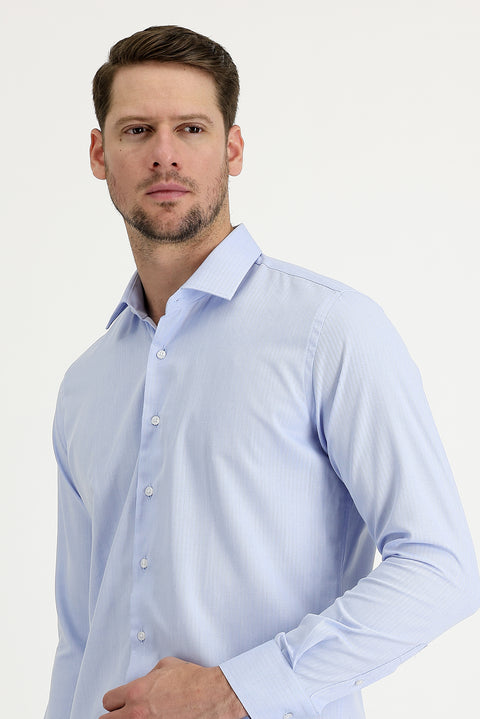 Açık Mavi Uzun Kol Slim Fit Dar Kesim Klasik Desenli Pamuklu Kolay Ütülenebilir Gömlek