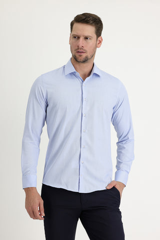  Açık Mavi Uzun Kol Slim Fit Dar Kesim Klasik Desenli Pamuklu Kolay Ütülenebilir Gömlek