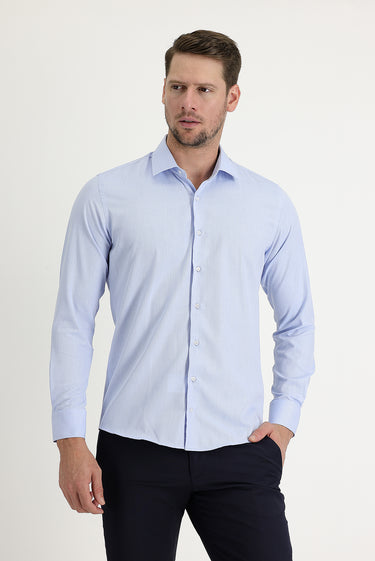 Açık Mavi Uzun Kol Slim Fit Dar Kesim Klasik Desenli Pamuklu Kolay Ütülenebilir Gömlek