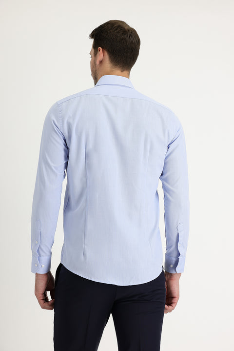 Açık Mavi Uzun Kol Slim Fit Dar Kesim Klasik Desenli Pamuklu Kolay Ütülenebilir Gömlek