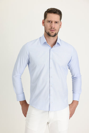  Uçuk Mavi Uzun Kol Slim Fit Dar Kesim Desenli Oxford Pamuklu Kolay Ütülenebilir Gömlek