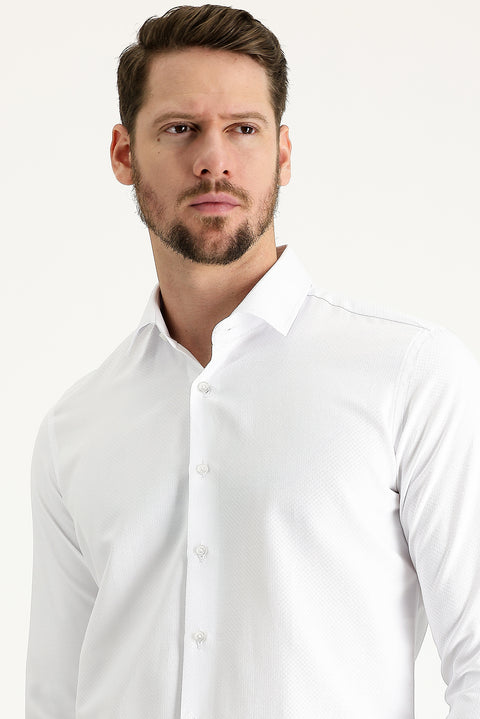 White Long Sleeve Slim Fit Patterned Oxford Cotton Easy Iron Shirt