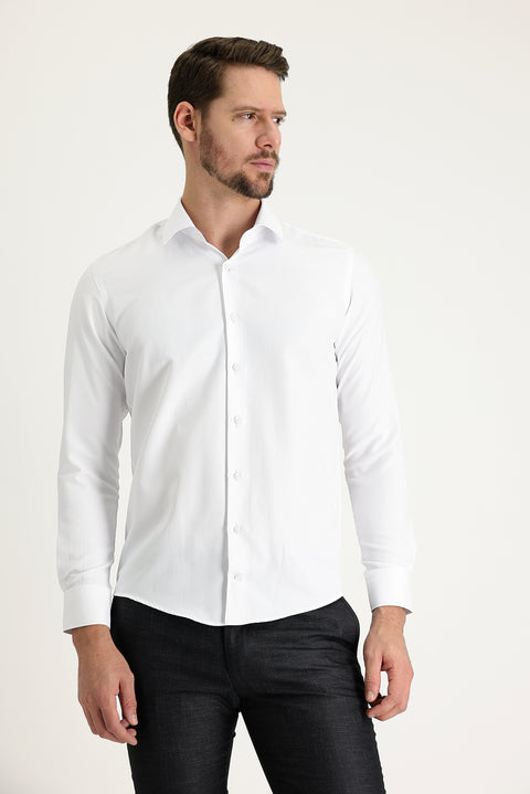 White Long Sleeve Slim Fit Patterned Oxford Cotton Easy Iron Shirt