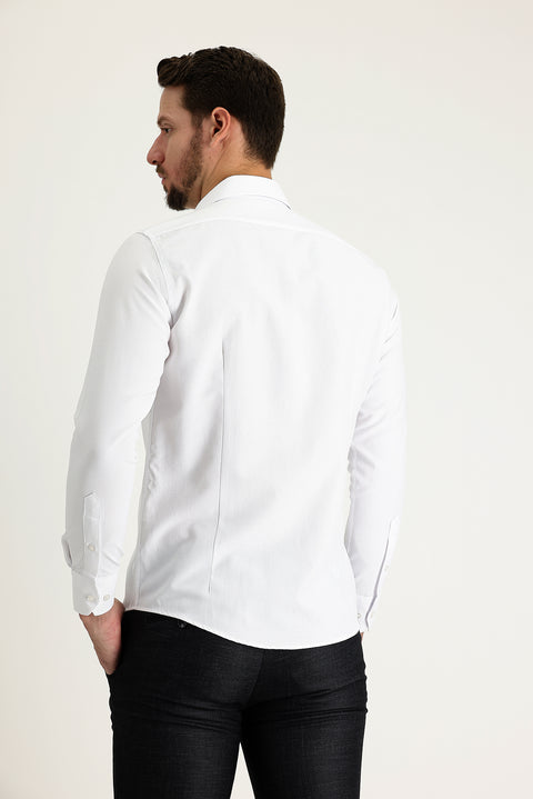 White Long Sleeve Slim Fit Patterned Oxford Cotton Easy Iron Shirt