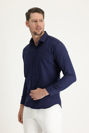 Koyu Lacivert Uzun Kol Slim Fit Dar Kesim Klasik Desenli Pamuklu Kolay Ütülenebilir Gömlek