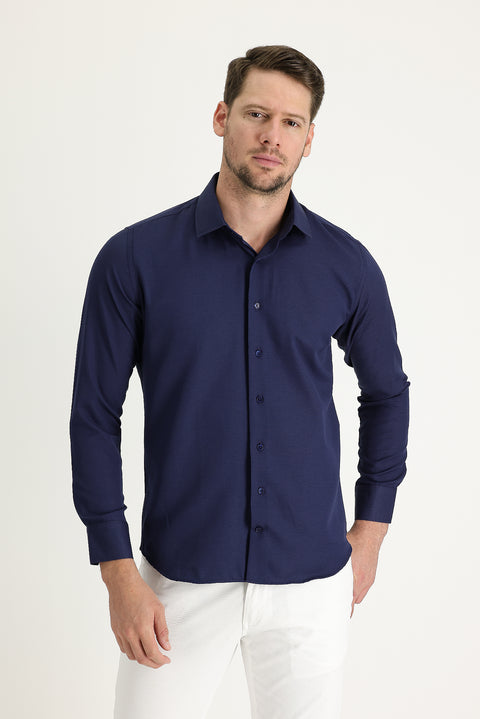 Koyu Lacivert Uzun Kol Slim Fit Dar Kesim Klasik Desenli Pamuklu Kolay Ütülenebilir Gömlek