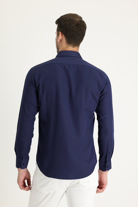 Koyu Lacivert Uzun Kol Slim Fit Dar Kesim Klasik Desenli Pamuklu Kolay Ütülenebilir Gömlek