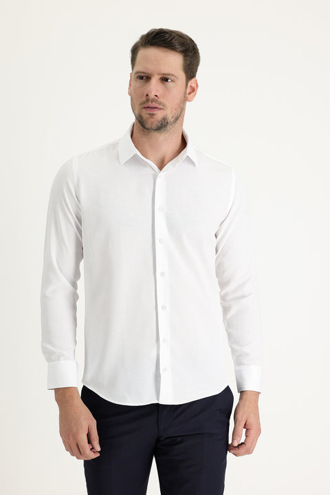 Beyaz Uzun Kol Slim Fit Dar Kesim Klasik Desenli Pamuklu Kolay Ütülenebilir Gömlek