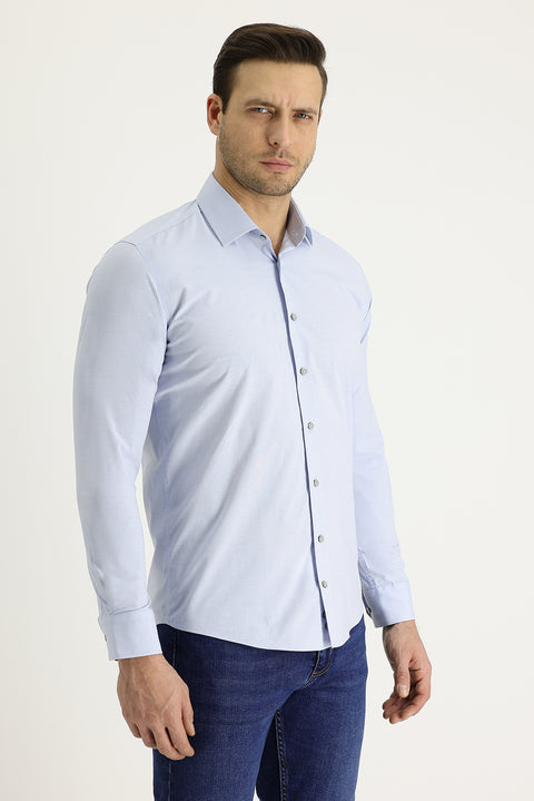Açık Mavi Uzun Kol Slim Fit Dar Kesim Klasik Desenli Pamuklu Kolay Ütülenebilir Gömlek