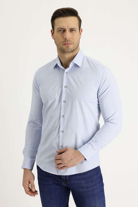 Açık Mavi Uzun Kol Slim Fit Dar Kesim Klasik Desenli Pamuklu Kolay Ütülenebilir Gömlek