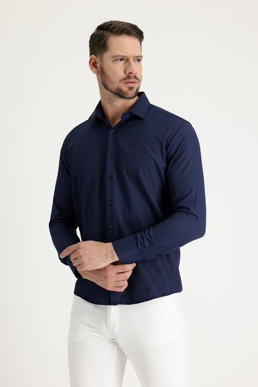 Koyu Lacivert Uzun Kol Slim Fit Dar Kesim Klasik Desenli Pamuklu Kolay Ütülenebilir Gömlek