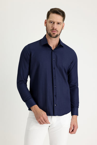 Koyu Lacivert Uzun Kol Slim Fit Dar Kesim Klasik Desenli Pamuklu Kolay Ütülenebilir Gömlek